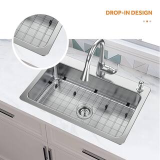 Glacier Bay Bratten All-in-One Drop-InUndermount 18G Stainless Steel 33 in. 2-Hole Single Bowl Kitchen Sink with Pull-Down Faucet VT3322TA1PA1