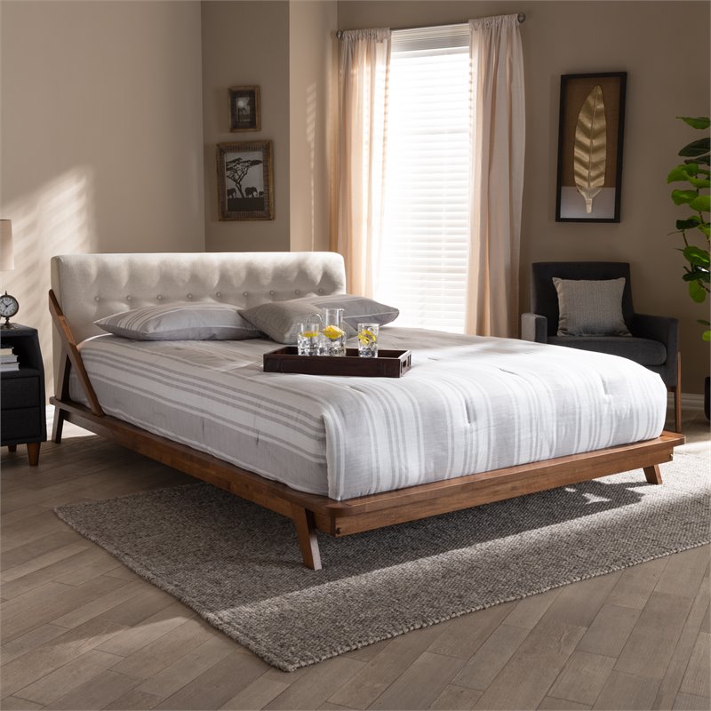 Bowery Hill Mid-Century Upholstered Wood Full Platform Bed - Light Beige