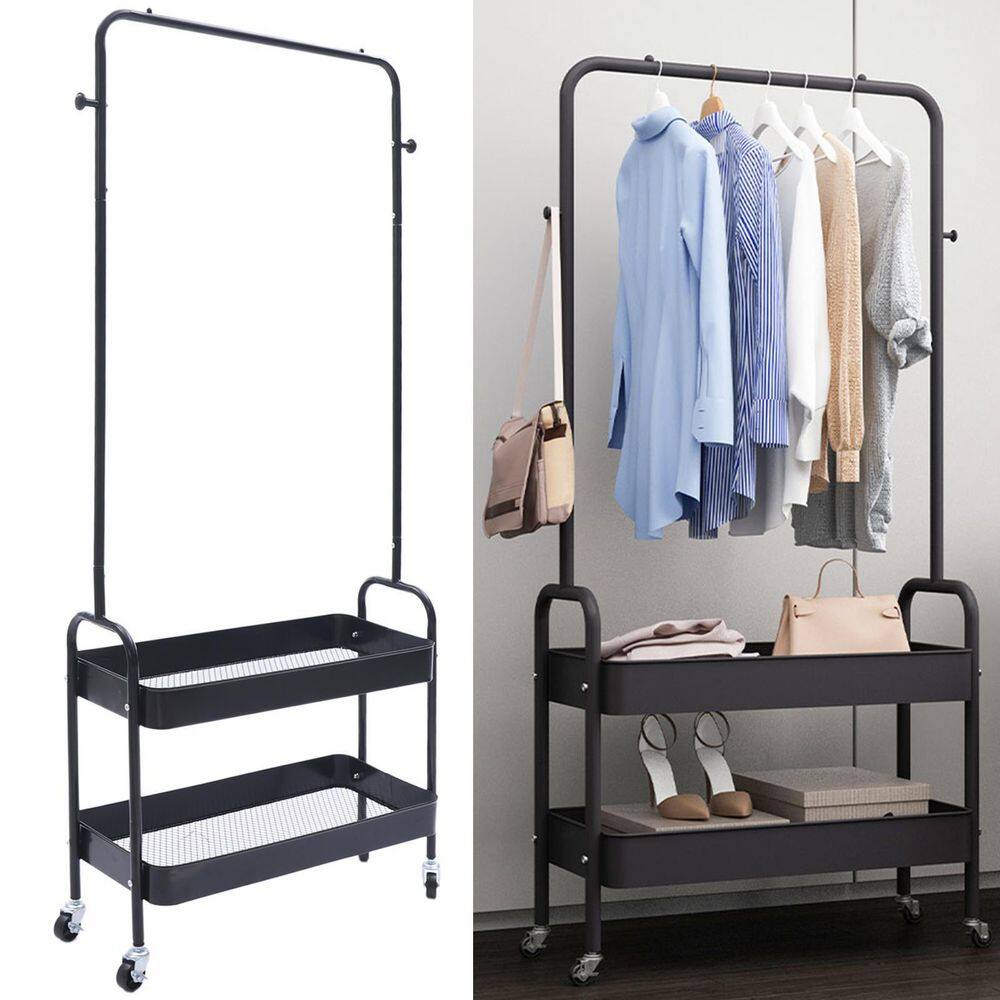 YIYIBYUS 2-Tier Carbon Steel 4-Wheeled 2-In 1 Freestanding Garment Rack in Black HG-WMT-8549