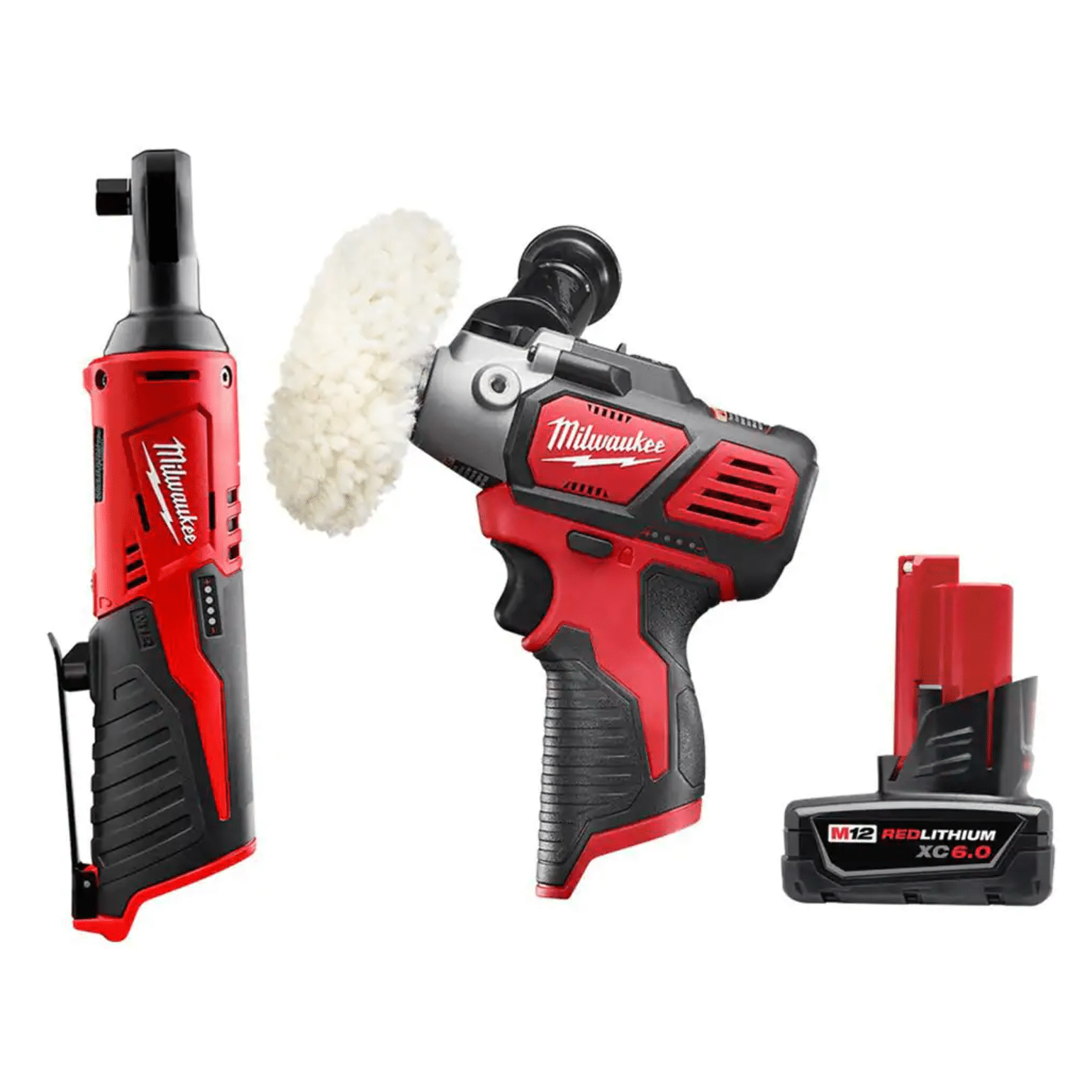 Milwaukee M12 12VLithium-Ion Cordless 3/8 in. Ratchet with M12 Variable Speed Polisher/Sander and 6.0 Ah XC Battery Pack (2457-20-2438-20-48-11-2460)