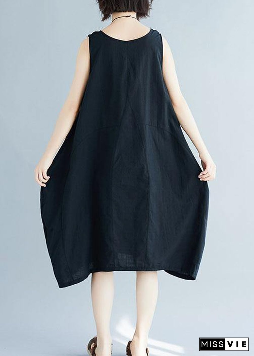 Chic black o neck linen quilting dresses sleeveless Plus Size Clothing summer Dress