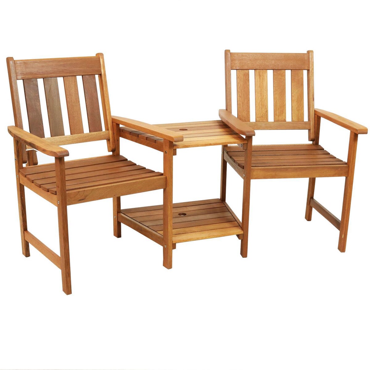 Ultimate Patio 65-Inch Meranti Wood Jack-and-Jill Chairs W/ Attached Table