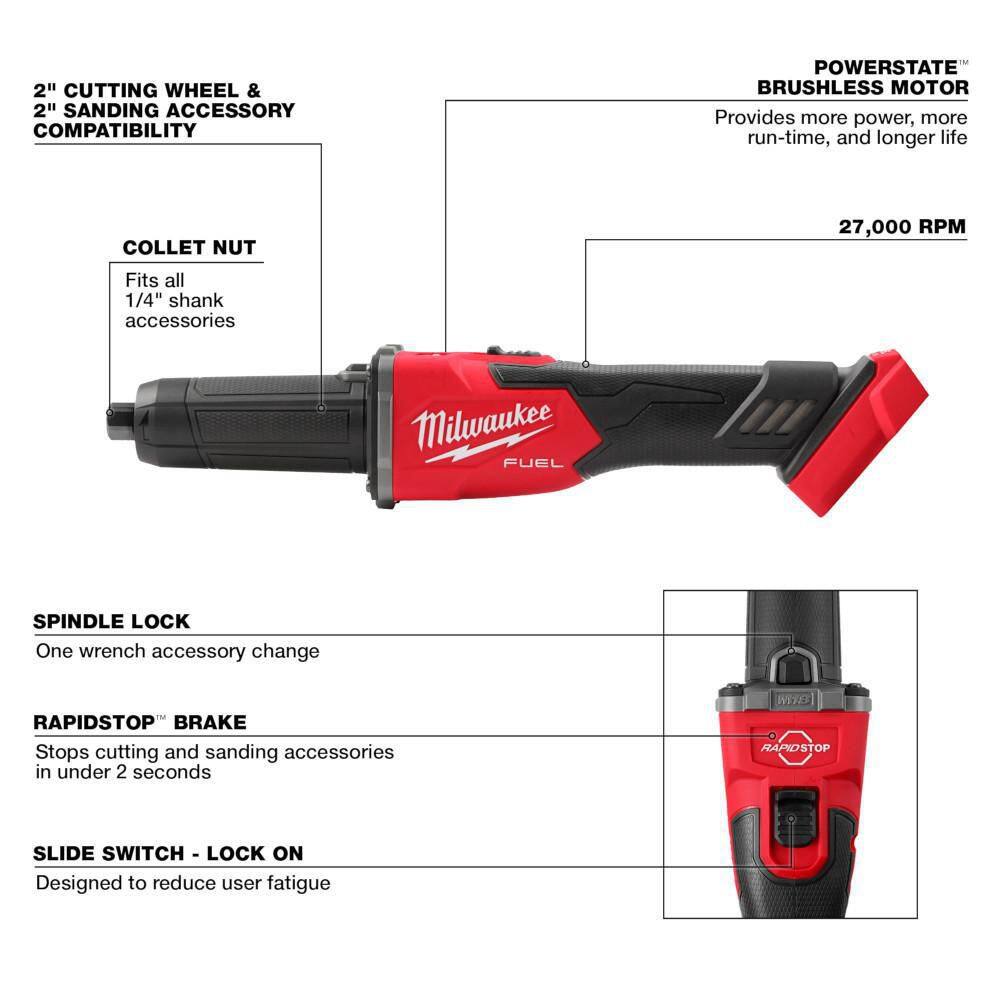 MW M18 FUEL 18V Lithium-Ion Brushless Cordless 14 in. Braking Die Grinder Slide Switch wM18 38 in. Impact Wrench 2939-20-2854-20