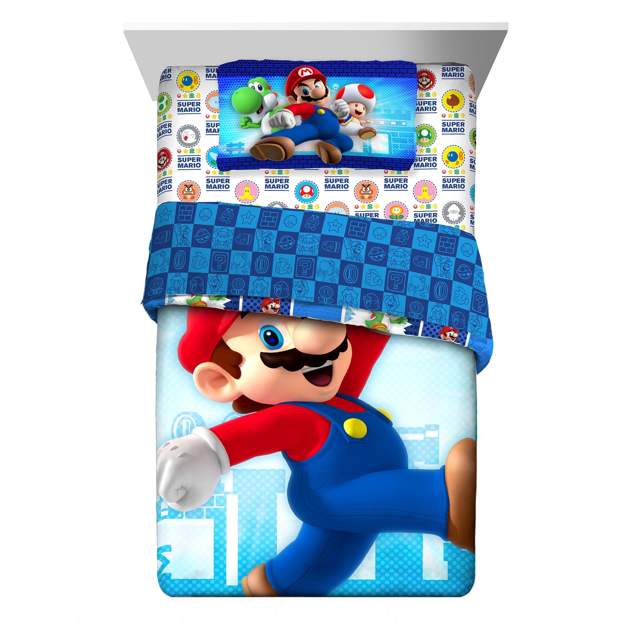 Super Mario Kids Full Bed in a Bag, Gaming Bedding, Comforter and Sheets, Blue, 