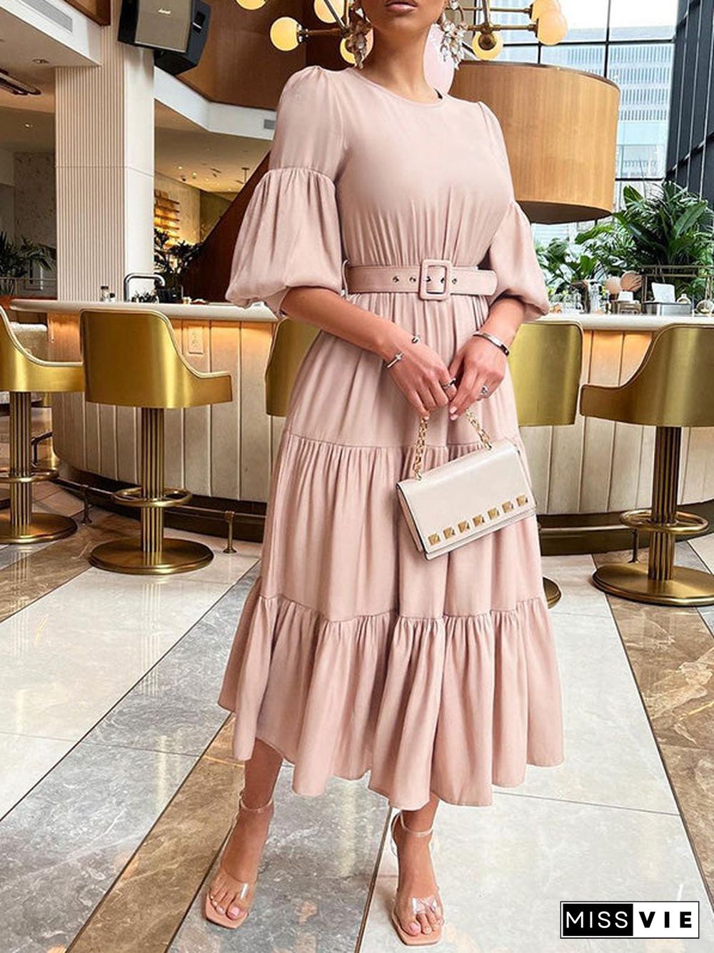 Women'S Dresses Solid Puff Sleeve Belt Ruffle Dress