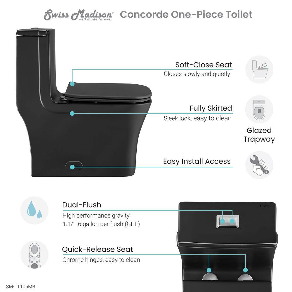 Swiss Madison Concorde 1-Piece 0.8 GPF1.28 GPF Dual Flush Square Toilet in Matte Black Seat Included SM-1T106MB