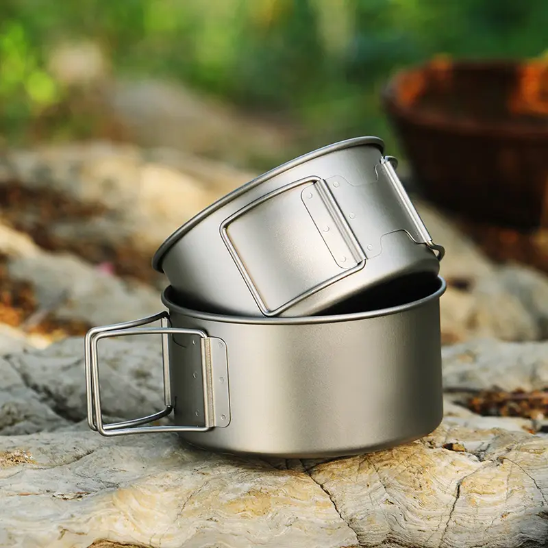 Outdoor Hiking Backpacking Folding Camping Pot Cookware Collapsible Handle Titanium Pot with Lid