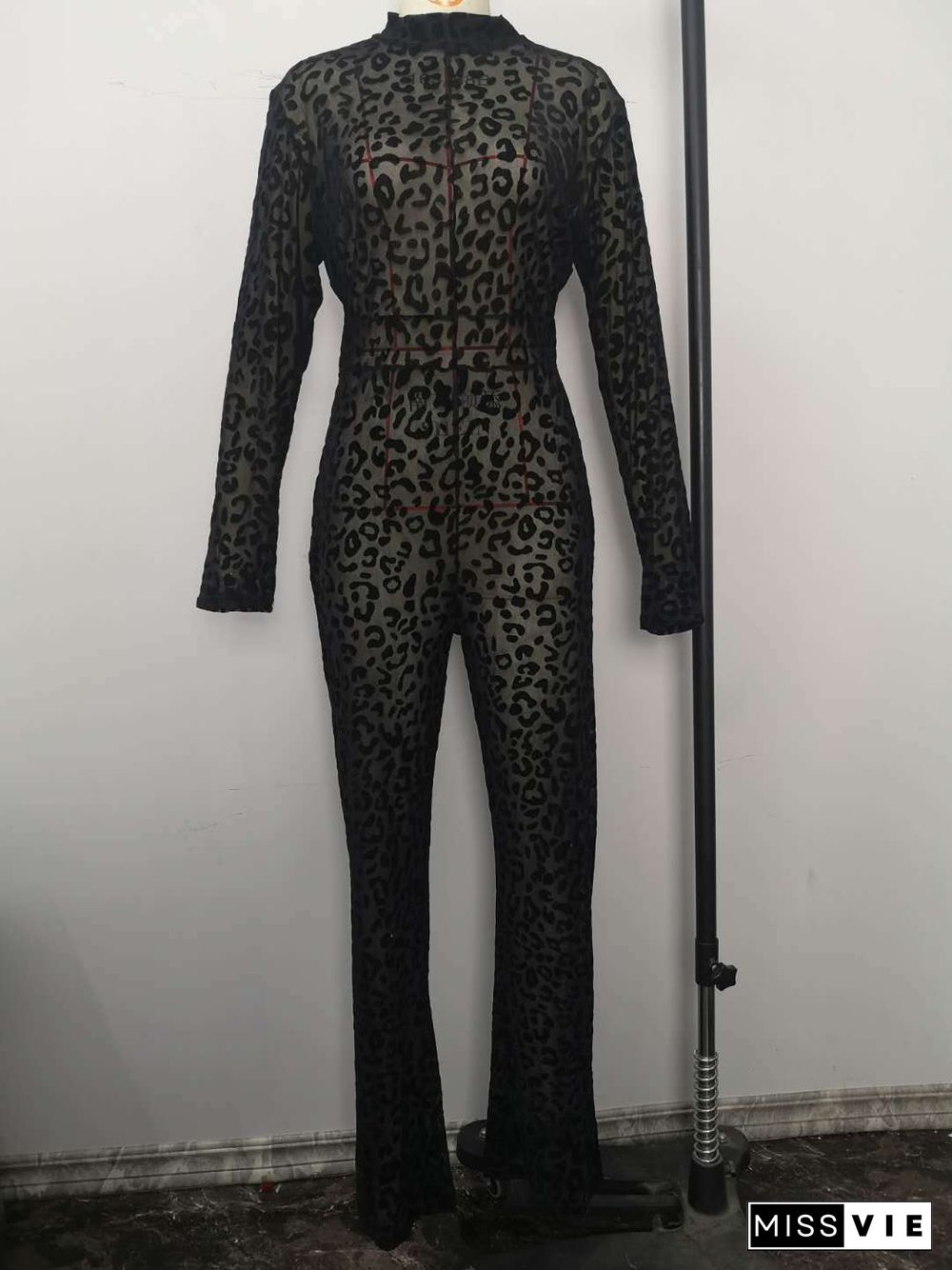 Leopard Print Sheer Mesh Plus Size Jumpsuit