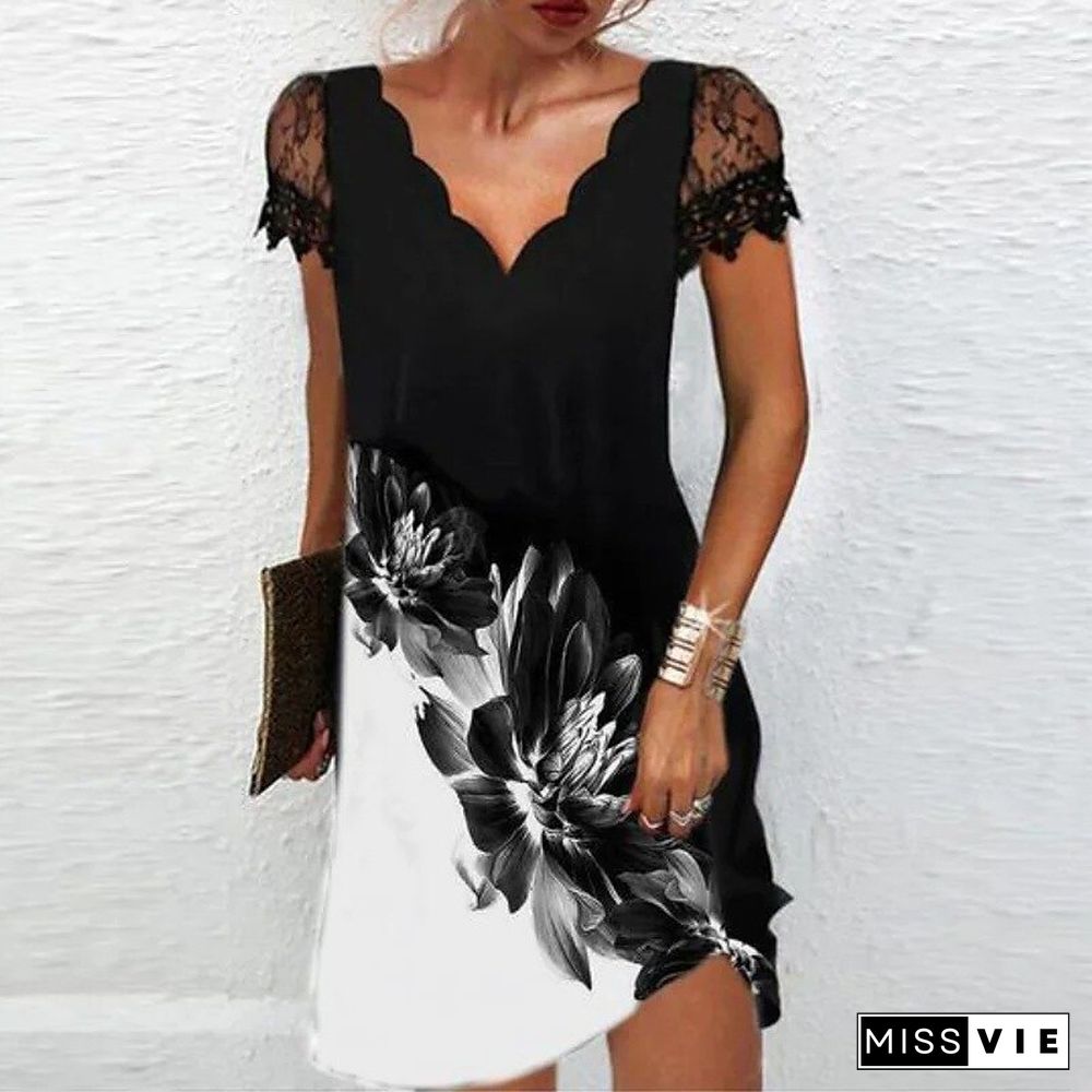 Summer Women's Casual Short Sleeve Dress Mesh Positioning Printed Lace V-Neck Beach Dress