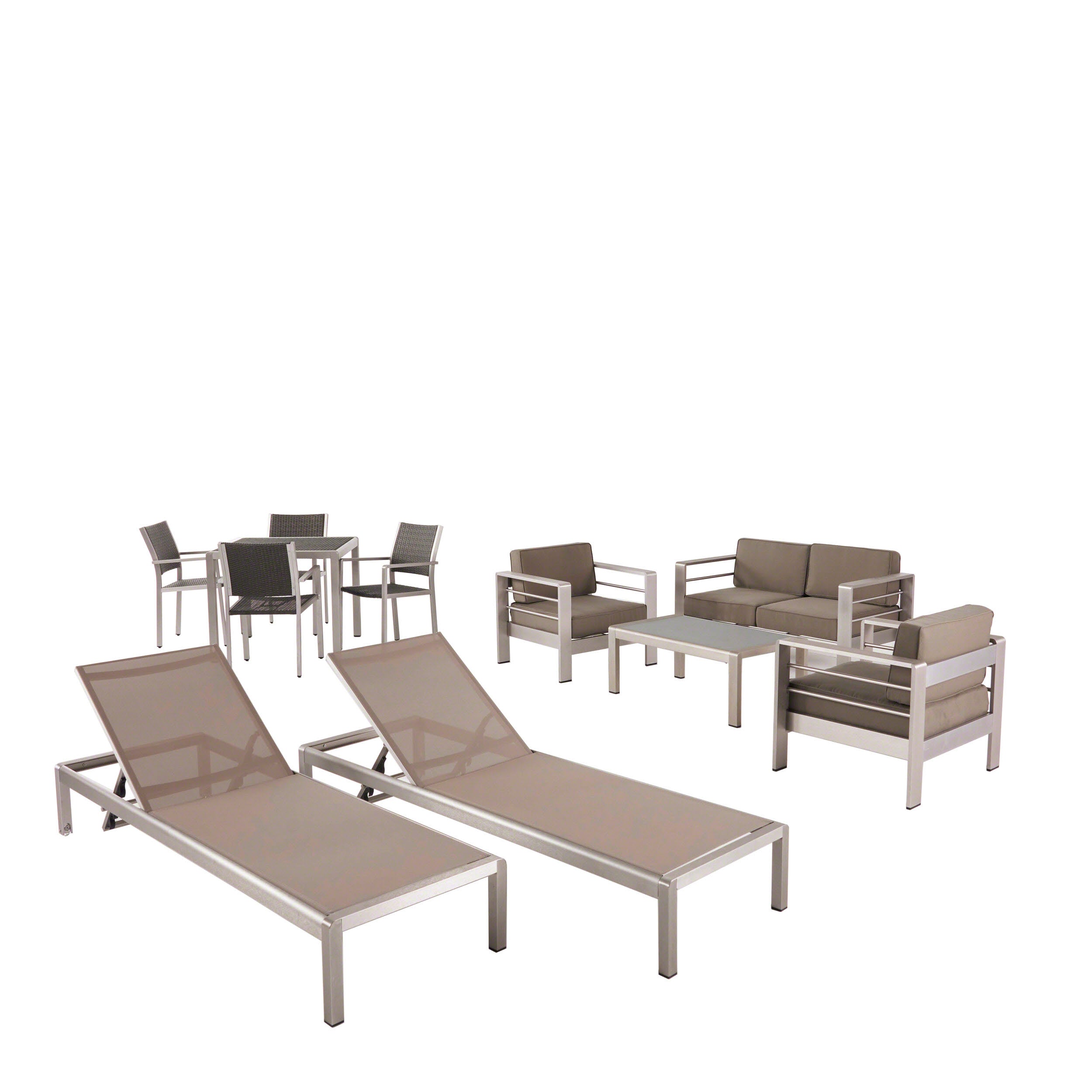 Julia Patio Collection - 4-Seat Dining Set, 3-Piece Conversation Set, 2 Chaise Lounges, Coffee Table - Aluminum - Wicker Table Top and Seats - Silver, Gray, Khaki