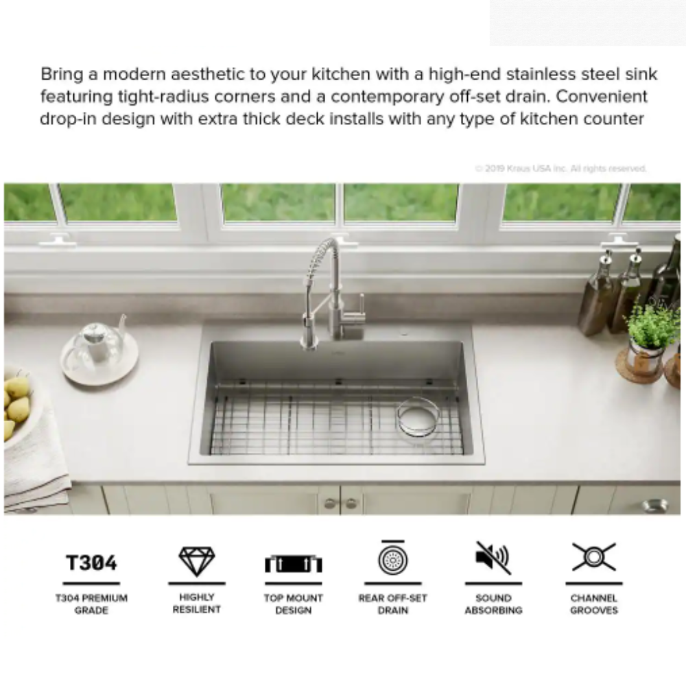 Kraus Loften Undermount/Drop-In Stainless Steel 33 in. 1-Hole Single Bowl Kitchen Sink