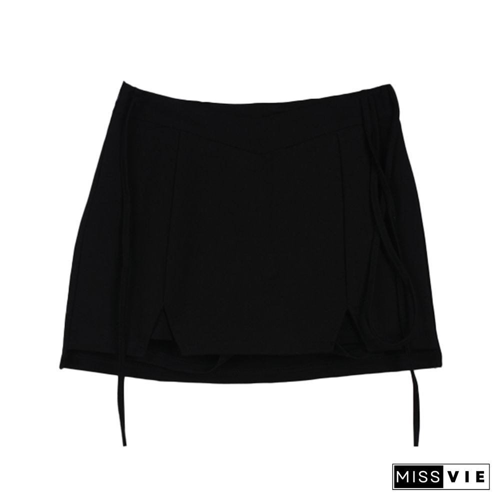 High Waist Pure Color Lace Up Split Skirt