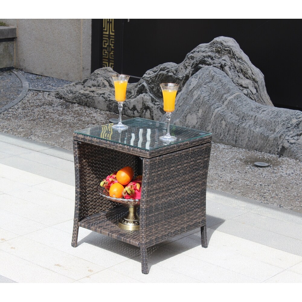 Outdoor Patio Coffee Table Brown Wicker Side Table with Tempered Glass Tabletop and 1 Shelf Tbale for Outdoor Garden