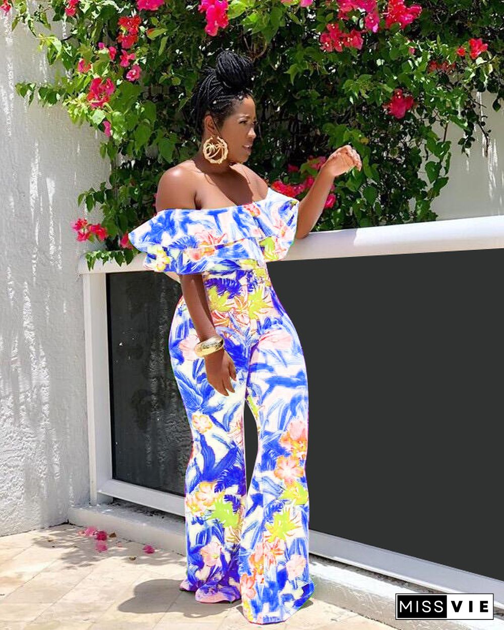 Sexy Off Shoulder Ruffles Floral Printed Wide-legs Jumpsuit