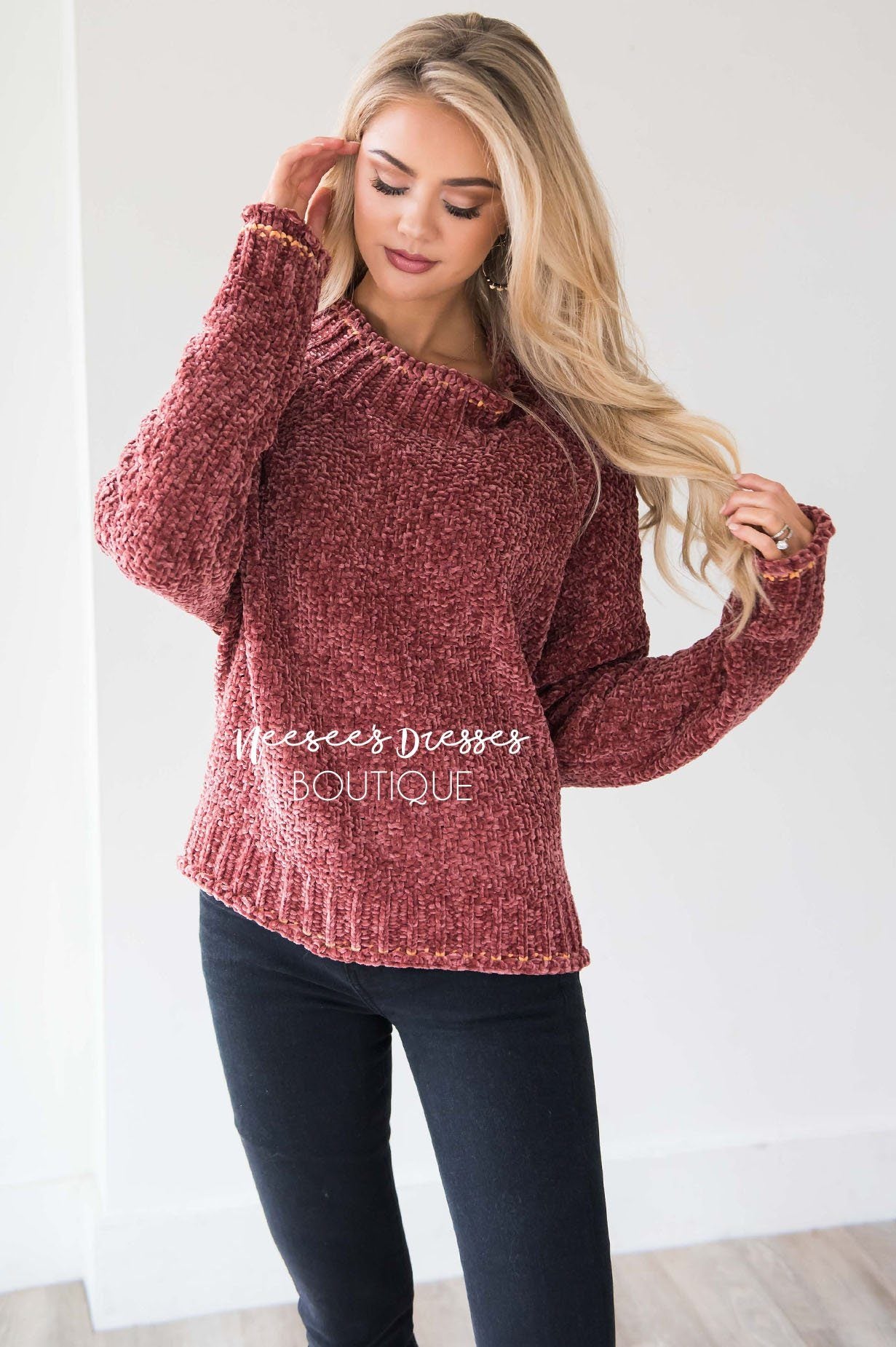 Soft Chenille Contrast Stitch Knit Sweater