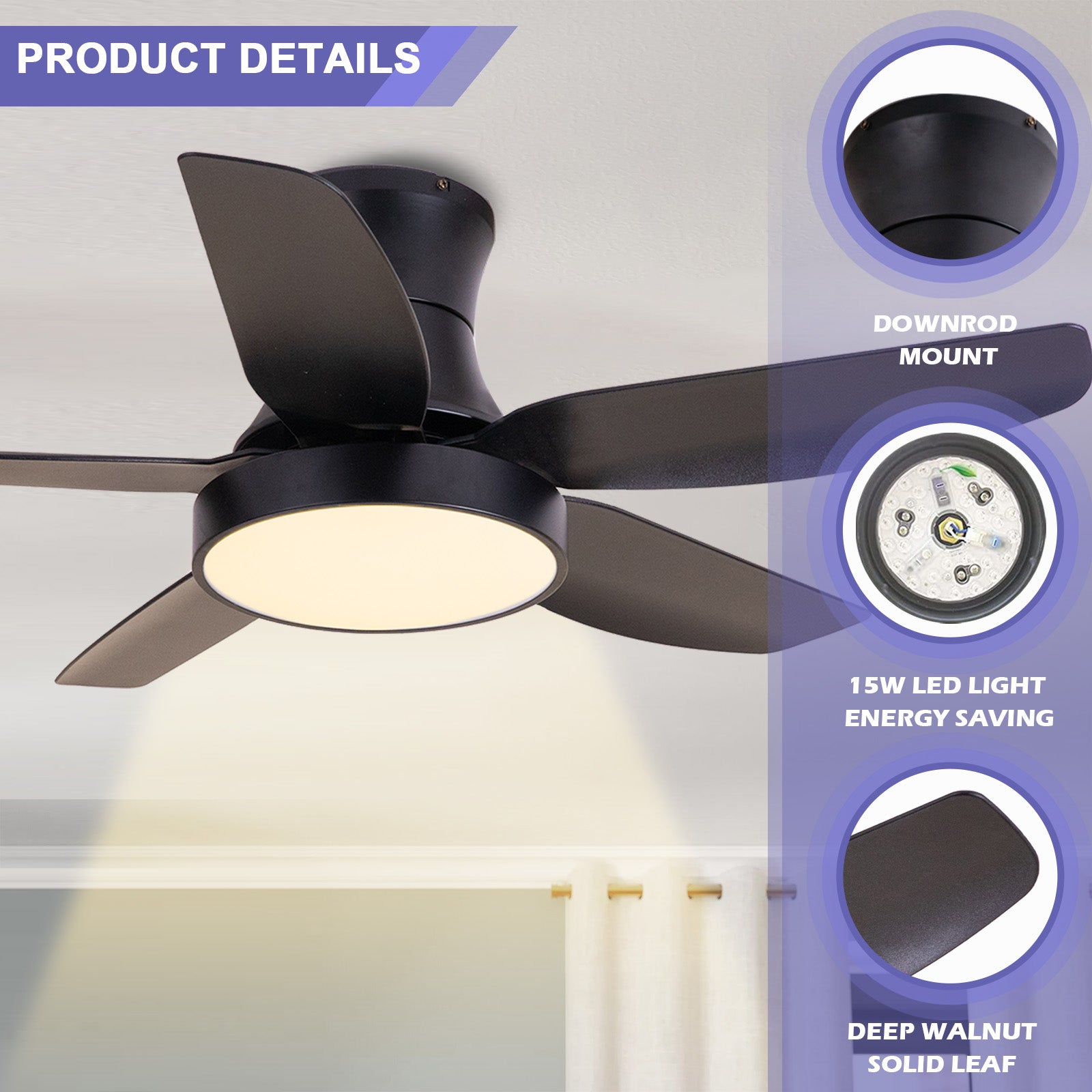 42'' Ceiling Fan with Lights and Remote，5 Blades Matte Black Ceiling Fan， Reverse Airflow