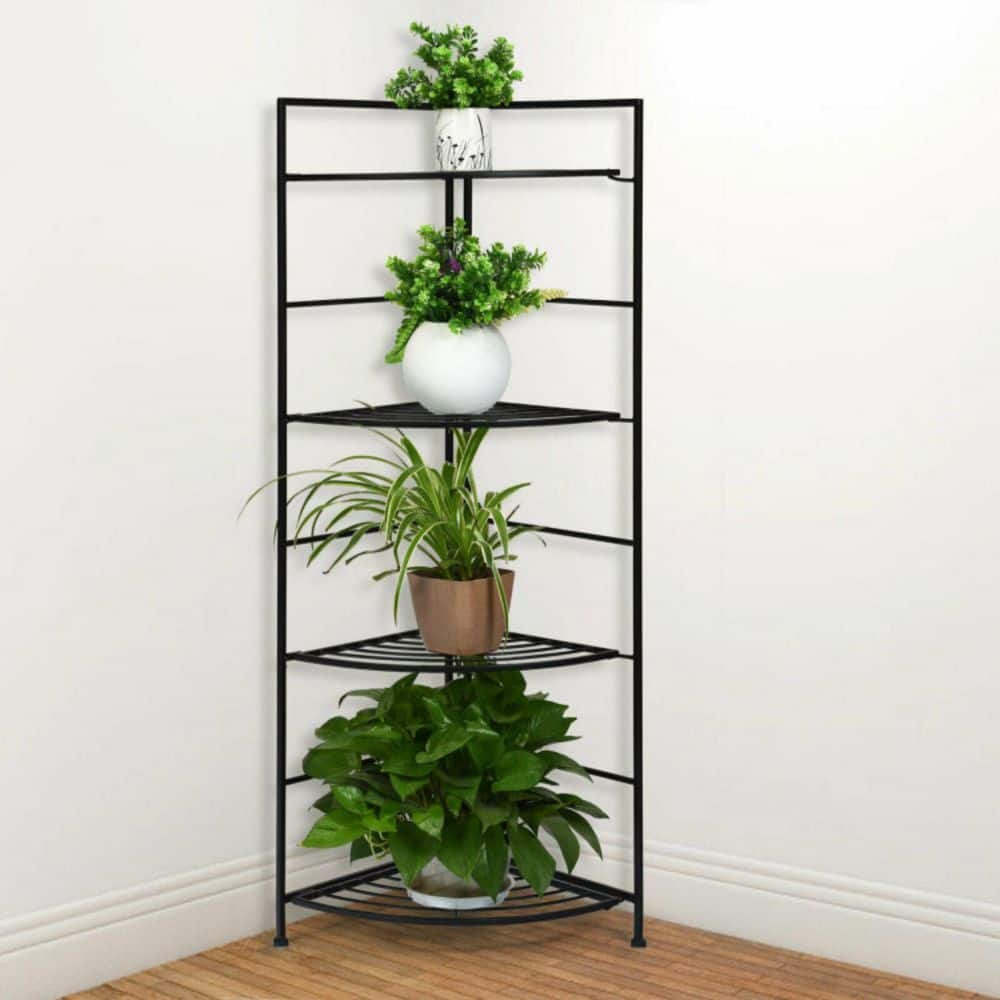 Alpulon Indoor/Outdoor Folding Black Metal Shelf Plant Stand Storage Open Shelf Corner Display Rack (4-Tier) ZMWV538