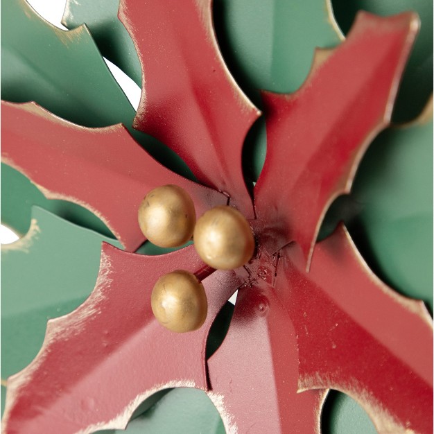 Small Green And Red Metal Poinsettia Christmas Wall Hanging