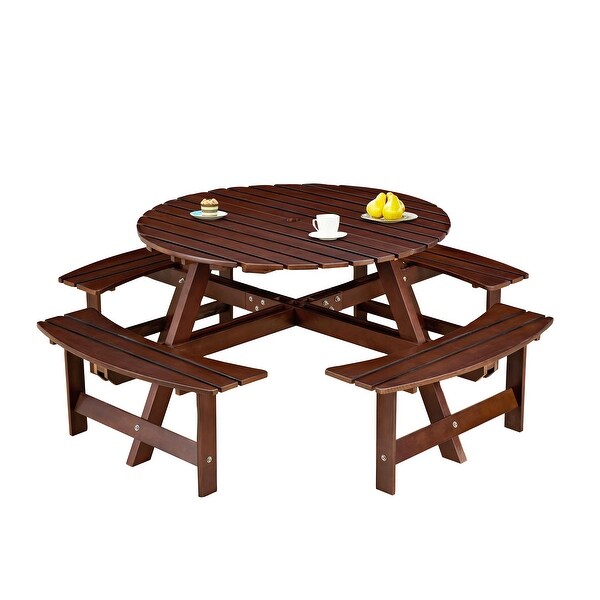 8 Person Round Picnic Table With 4 BuiltIn Benches and Umbrella Hole