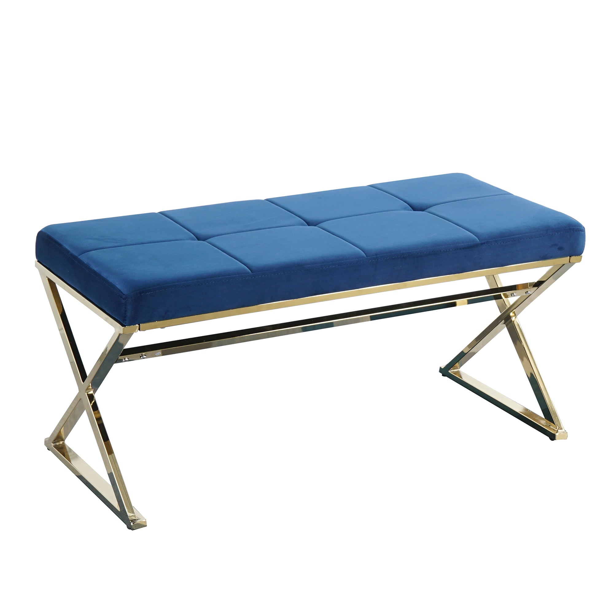 Mid-Century Modern Ottoman Bench with Padded Seat and Gold Metal Legs, Upholstered Entryway Bench Shoe Bench, Velvet Fabric End of Bed Bench for Bedroom Living Room Hallway More, Blue