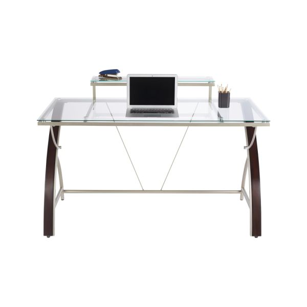 Axley 55”W Glass Computer Desk， Cherry/Silver