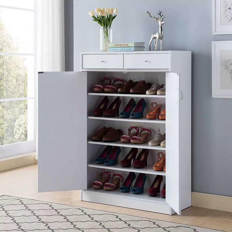 FC Design White Shoe/Storage Cabinet with 2 Drawers and 5 Shelves Organizer with Spacious Top