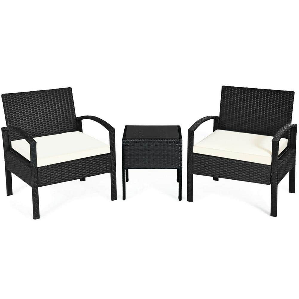 Gymax 3-Pieces Patio Rattan Furniture Set Conversation Sofa with White Cushion Coffee Table Garden GYM04554