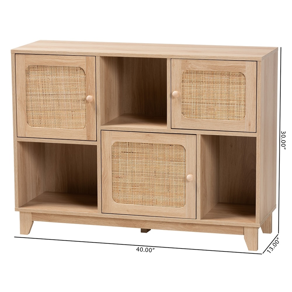 Elsbeth Mid Century Modern Light Brown Finished Wood and Natural Rattan 3 Door Sideboard