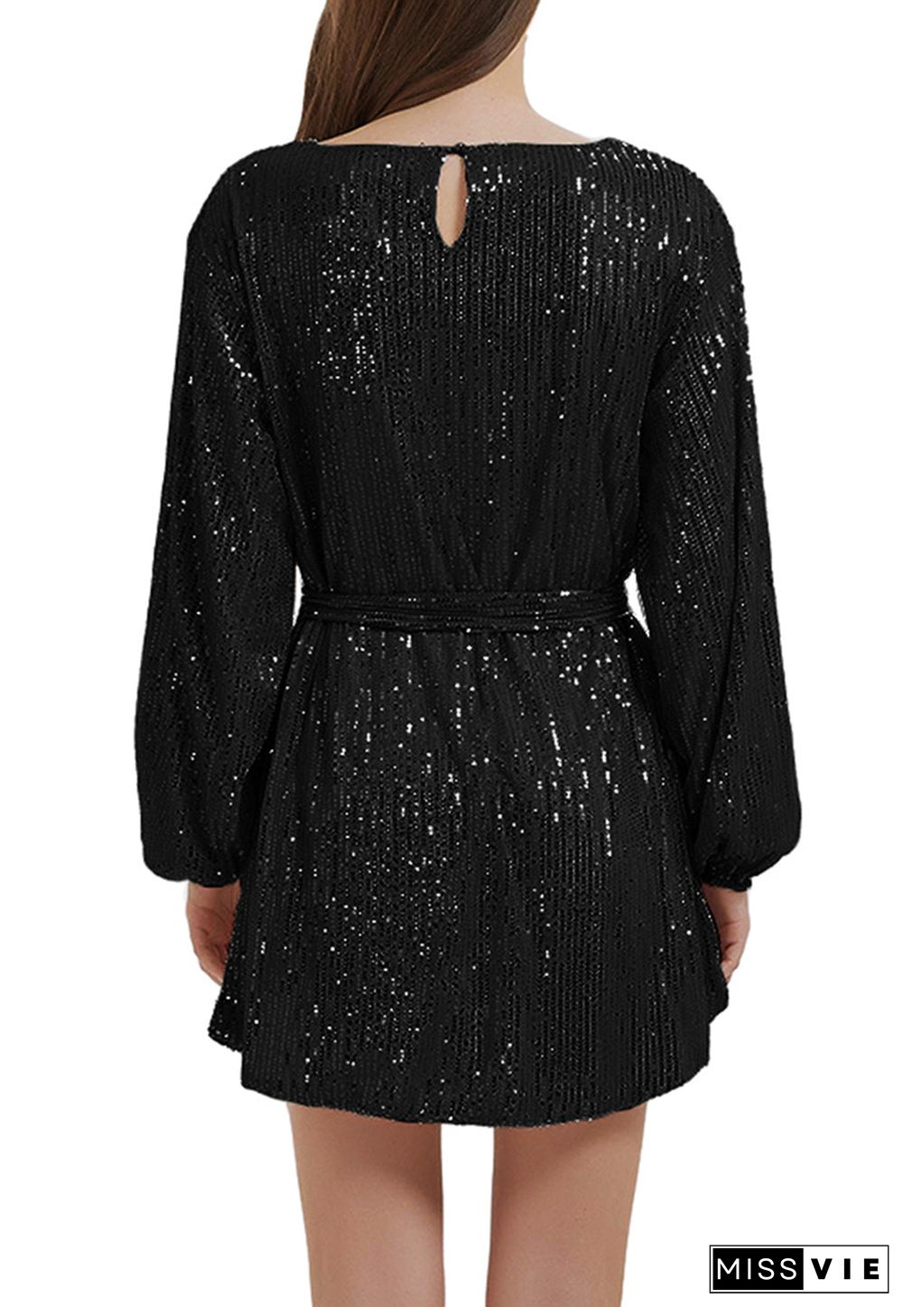 Anna-Kaci Women's Sparkly Sequins Party Dress Long Sleeve Crew Neck Elegant Loose Fashion Dresses