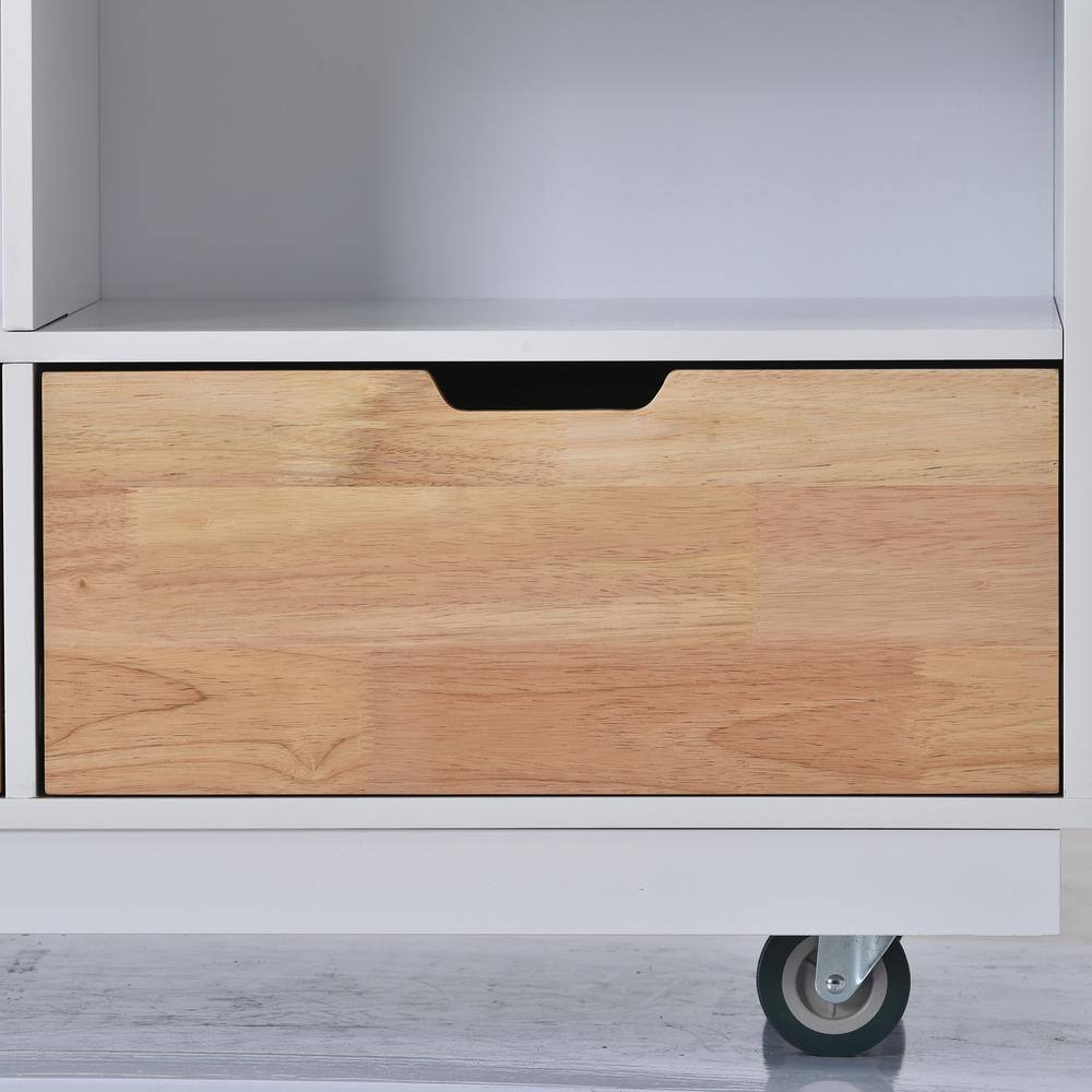 Polibi Large Storage Capacity White Kitchen Cart Rolling Mobile Kitchen Island Solid Wood Top with 2 Drawers Tableware Cabinet MB-LSCBK-W