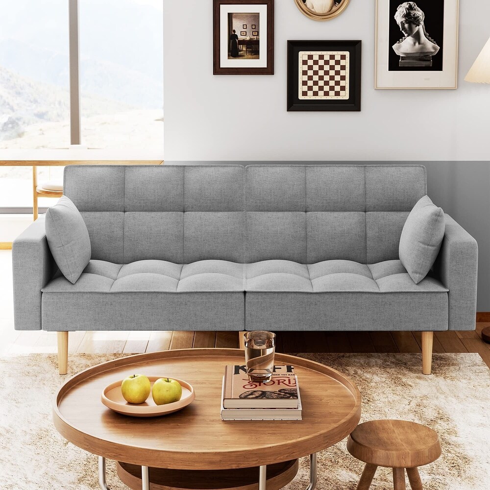 Linen Couches Upholstered Futon Sofa Bed with Thicken Wood Legs