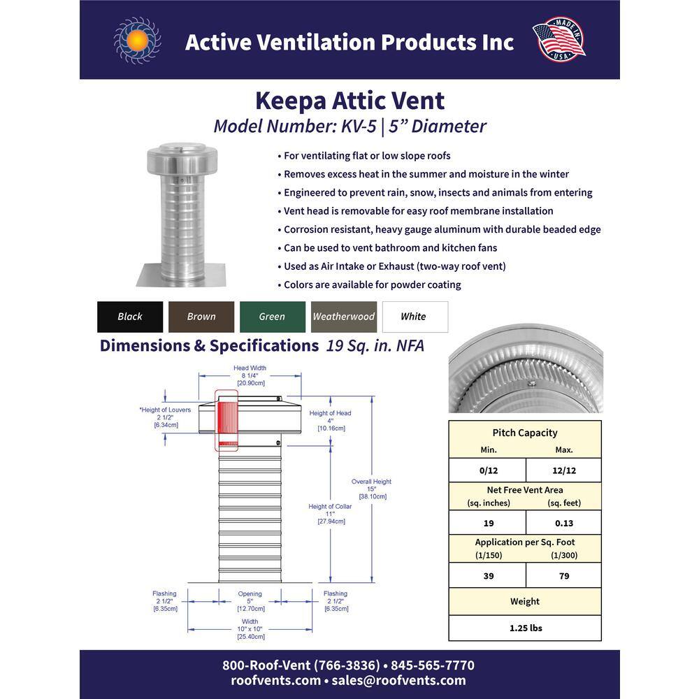 Active Ventilation 5 in. Dia Keepa Vent an Aluminum Roof Vent for Flat Roofs KV-5