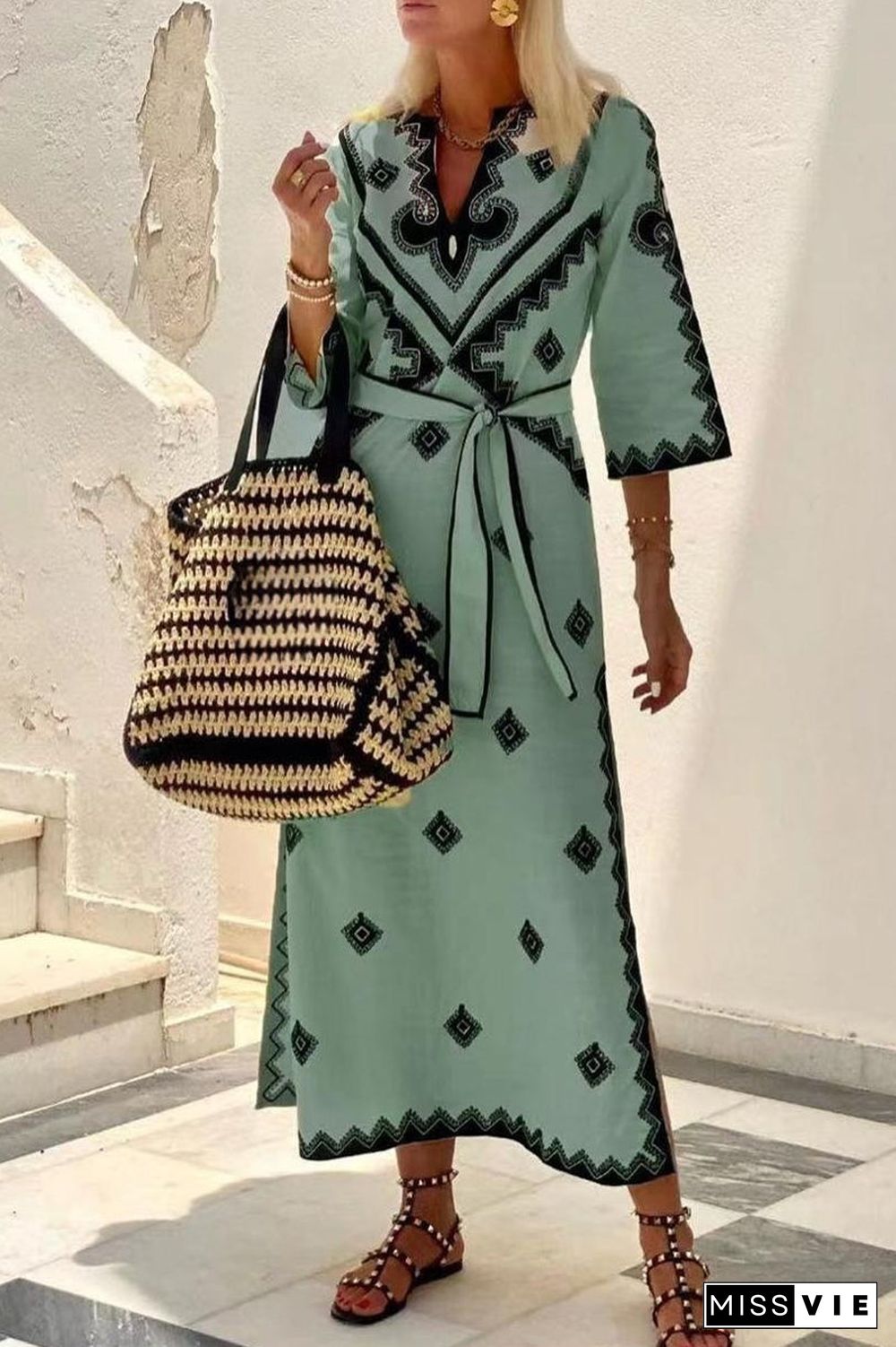 Bohemian Elegant Geometric Print With Belt V Neck A Line Dresses