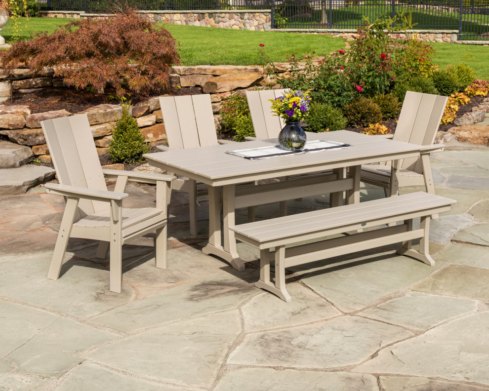 POLYWOOD Modern Adirondack 6 Piece Farmhouse Dining Set With Bench   Transitional   Outdoor Dining Sets   by POLYWOOD  Houzz