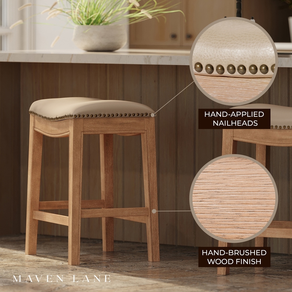 Maven Lane Adrien Saddle Counter Stool in Weathered Oak Finish w/ Avanti Bone Vegan Leather   Brown   Counter   26\