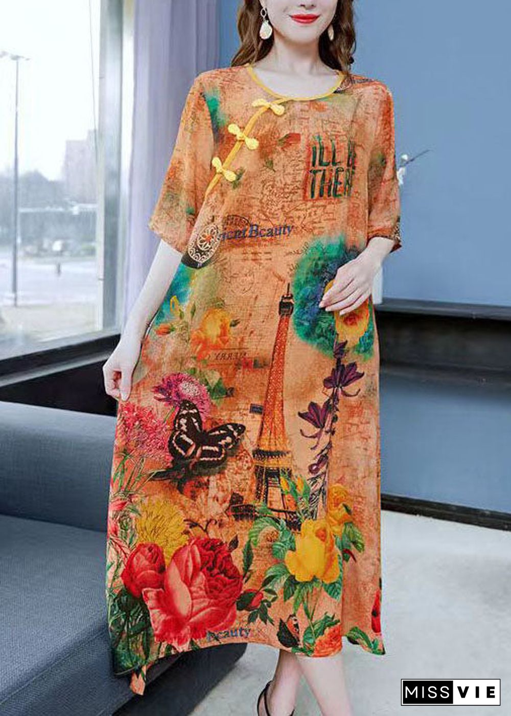 Women Yellow Print Chinese Button Patchwork Silk Dress Summer