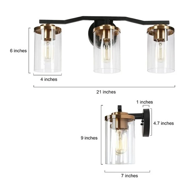 Modern Farmhouse Black Gold 3-Light Bathroom Vanity Lights Cylinder Glass Wall Sconces - 21