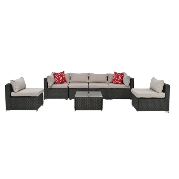 7Pcs Outdoor Sectional Furniture Set，AllWeather PE Rattan Sectional Sofa Conversation Set w/ Coffee Table and Washable Cushions