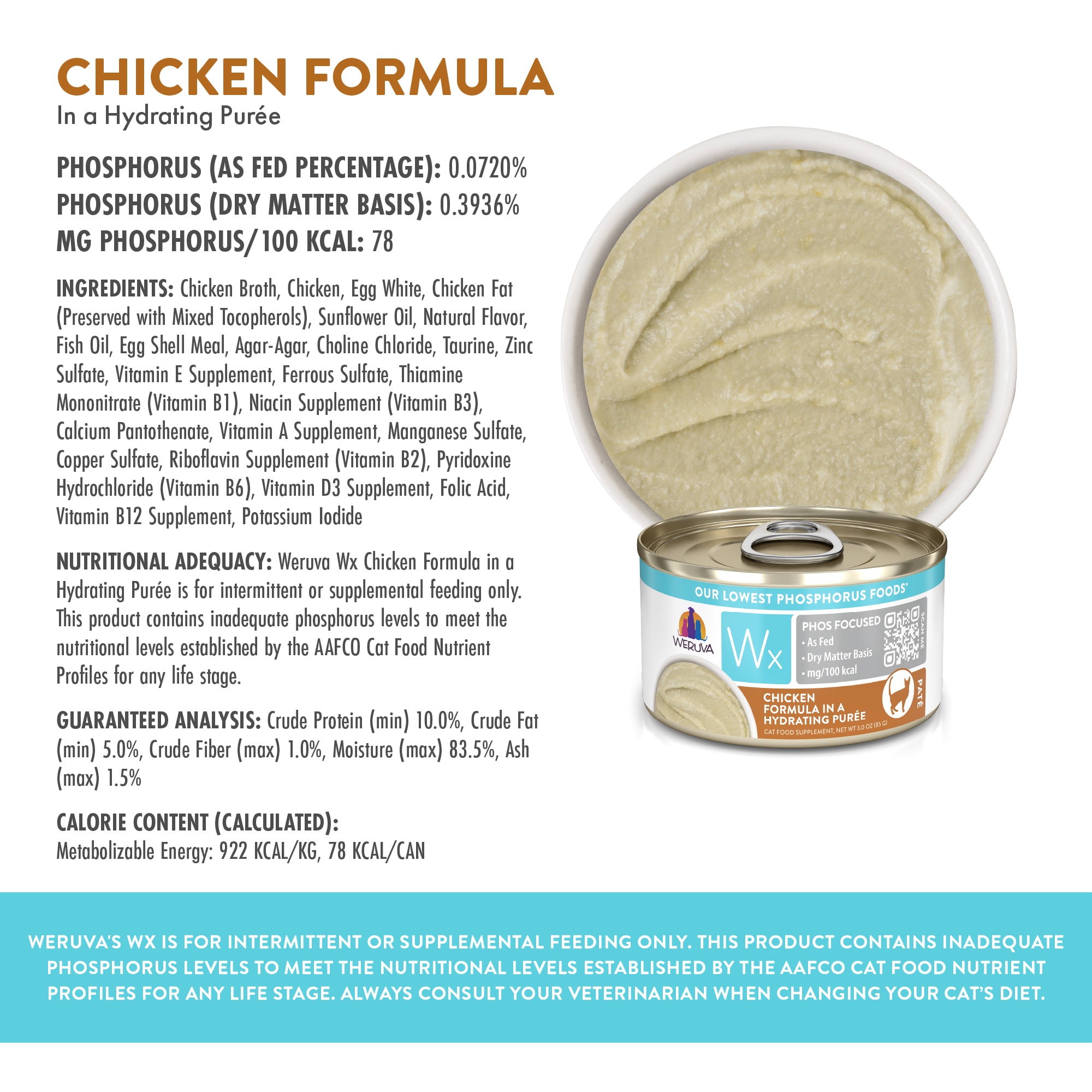 Wx Phos Focused Foods Chicken Formula in a Hydrating Puree Wet Cat Food， 3 oz.， Case of 12