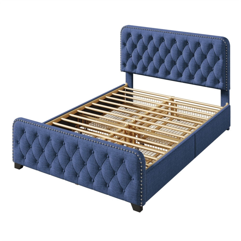 Full Upholstered Platform Bed Frame with Storage Drawers