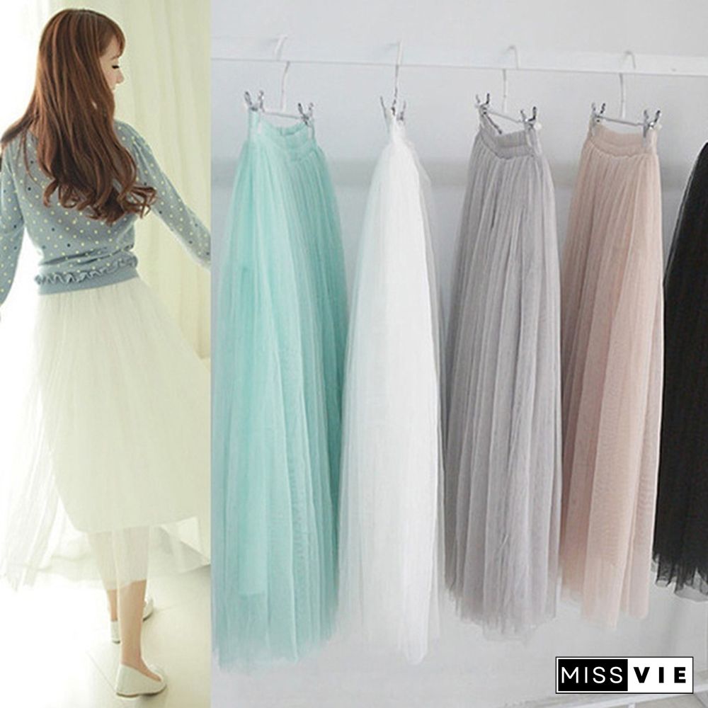 Women Summer Elastic High Waist 4 Layers Tulle Skirts Ladies Long Mesh Skirt Womens Maxi Pleated Skirt