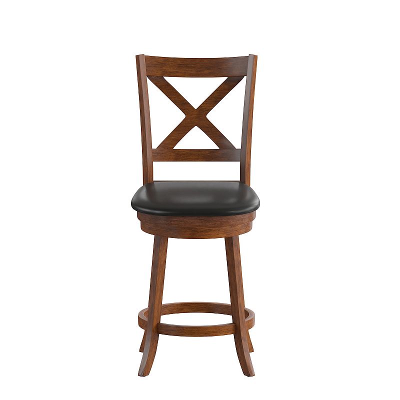 Merrick Lane Sora 24 Classic Wooden Crossback Swivel Counter Height Pub Stool with Upholstered Padded Seat and Integrated Footrest