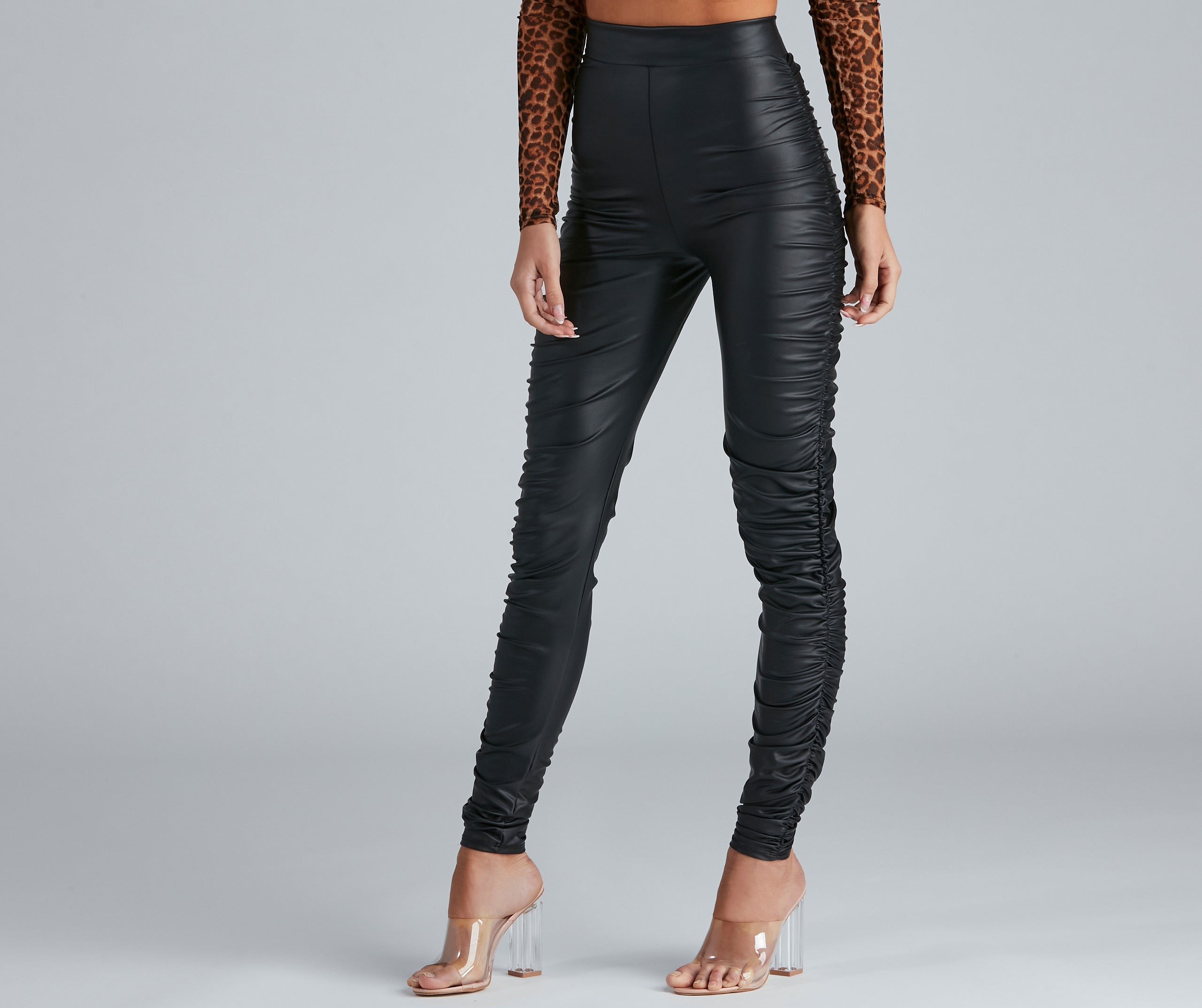 High Rise Ruched Faux Leather Leggings