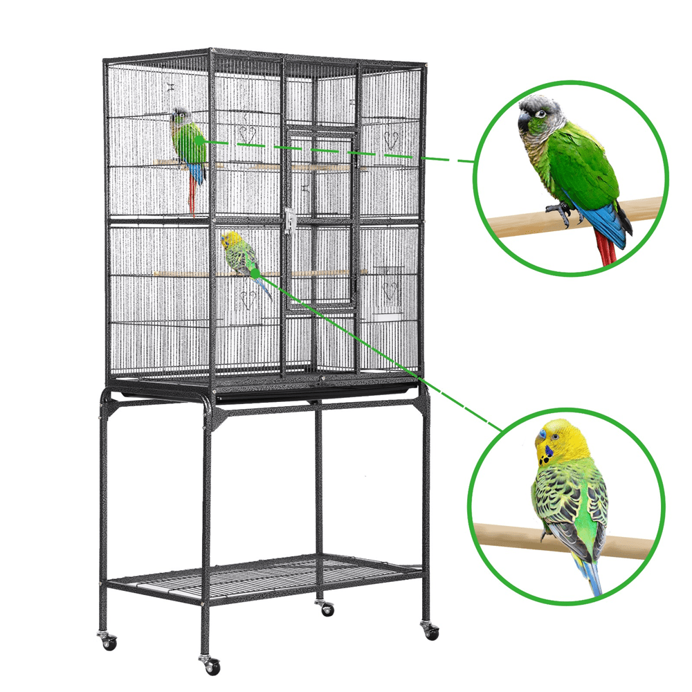 Topeakmart 63''H Large Rolling Metal Parrot Cage with Detachable Stand Bird Cage for Conures Parakeets Cockatiels， Black