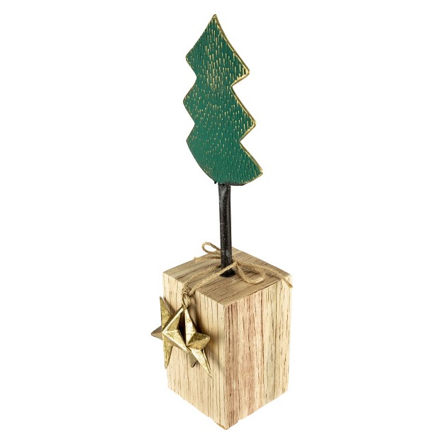 Green Metal Tree In Chunky Wood Base Christmas Decor