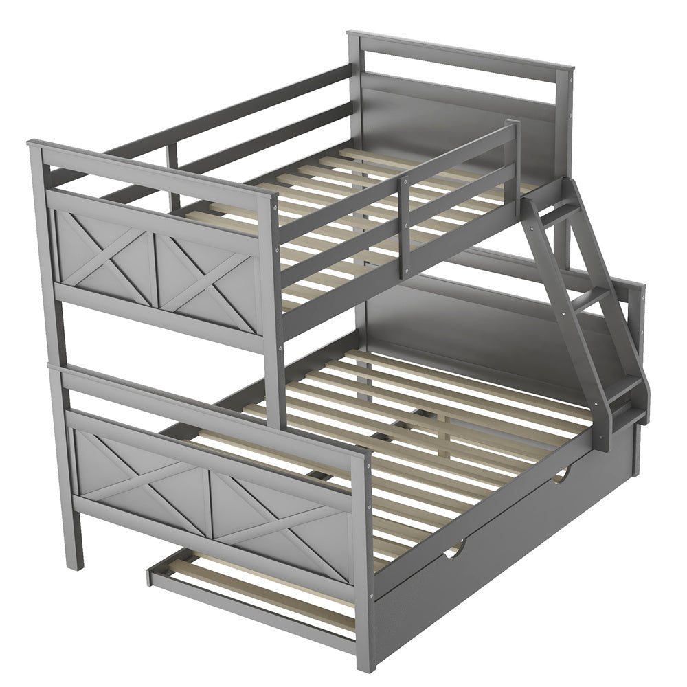 Twin Over Full Bunk Bed with Trundle, Pine Wood Bed Frame and Ladder with Guard Rails for Toddlers, Kids, Teens, Boys and Girls, Grey