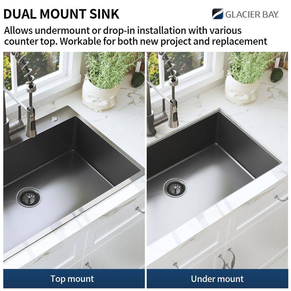 Glacier Bay Gunmetal Black Stainless Steel 25 in. 18 Gauge Single Bowl Dual Mount Kitchen Sink with Black Spring Neck Faucet ACS2522A1T-F