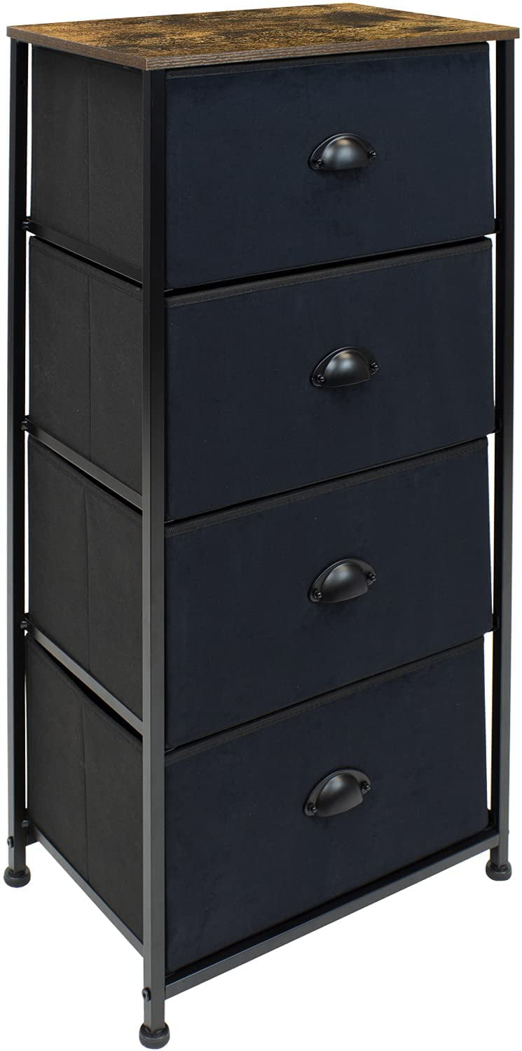 Sorbus Tall Nightstand - 4 Drawer Fabric Dresser, Tall Skinny Dresser for Bedside Furniture, Storage Organizer Dresser for Home, Hallway, Office, College Dorm, Steel Frame, Rustic Wood Top, (Black)