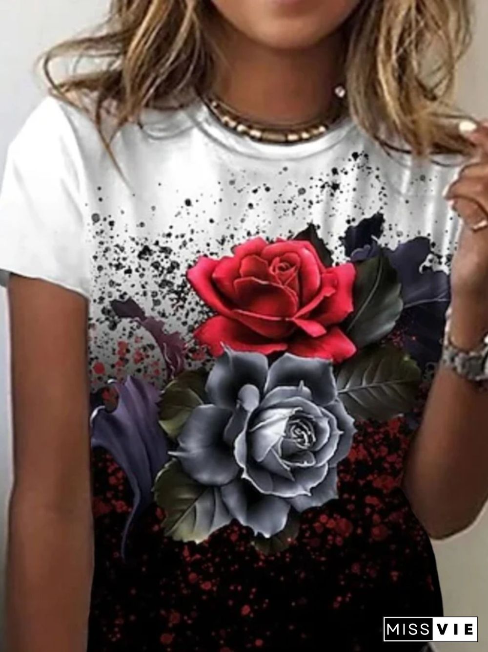 Casual Floral Short Sleeve Round Neck Plus Size Printed Tops T-shirts