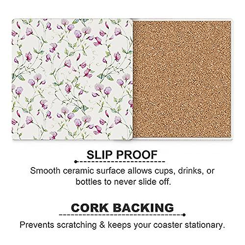 Colourlife Sweet Peas Watercolor， Flowers Printed Square Ceramic Coaster For Drinks With Cork Base For Coffee Cups Place Mats For Home Decor Set Of 4